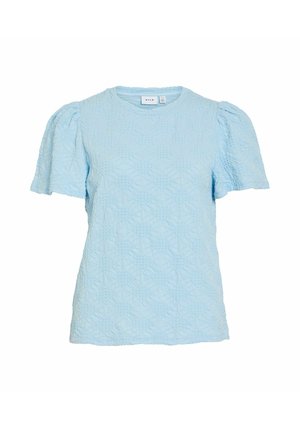 Blouse bleu clair à manches courtes avec motif floral texturé et manches bouffantes, col rond et coupe régulière.