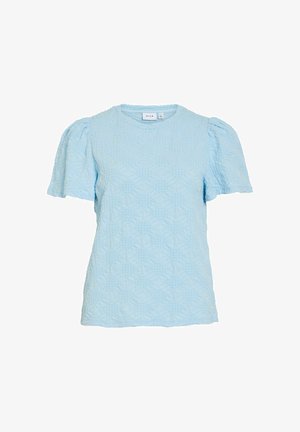 Bluză bleu cu mâneci scurte, model floral texturat și mâneci bufante, guler rotund și croială obișnuită.