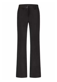 Zwarte broeken met een recht model, gemaakt van geweven stof. Beschikt over twee voorzakken en een sluiting met twee knopen bij de taille.