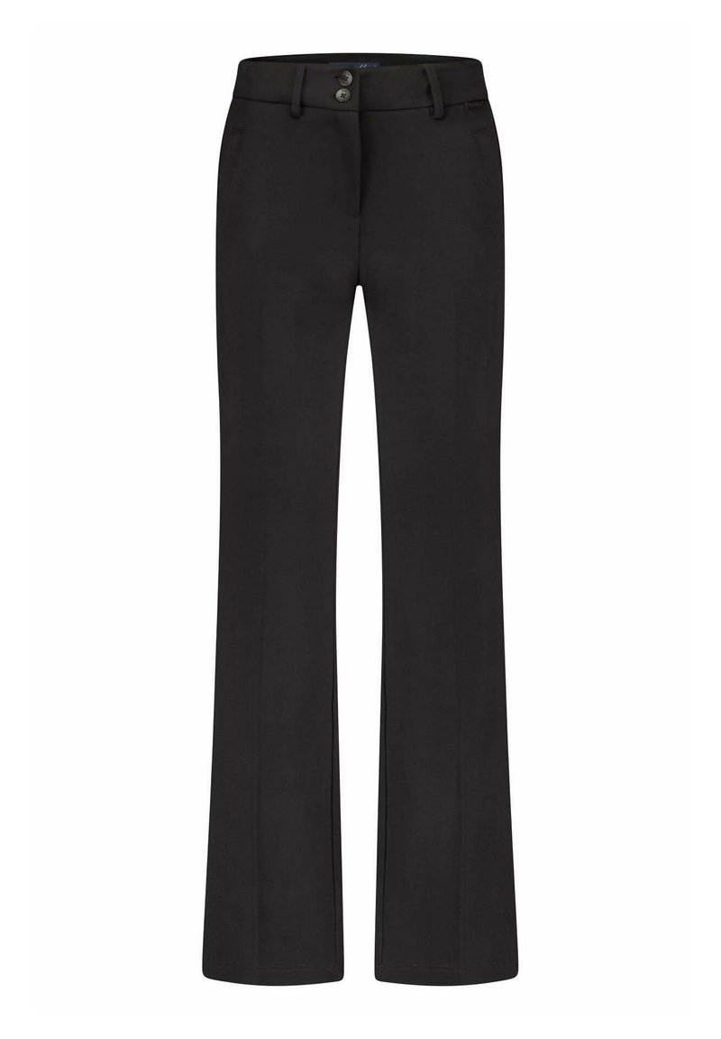 Zwarte broeken met een recht model, gemaakt van geweven stof. Beschikt over twee voorzakken en een sluiting met twee knopen bij de taille.