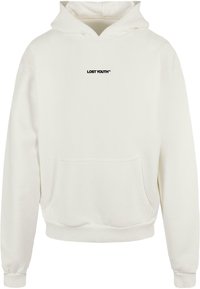 Felpa bianca realizzata in materiale morbido, con tasca a marsupio, polsini a coste e un logo centrale "LOST YOUTH™" in nero.