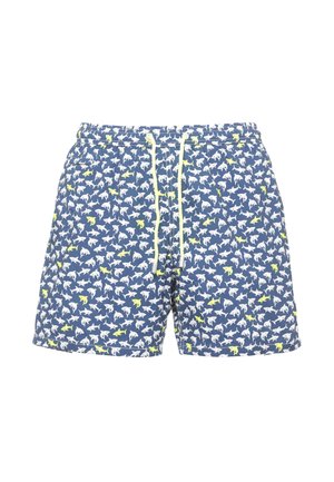 Costume da bagno corto blu con motivi di squali bianchi e gialli e coulisse bianca in vita.