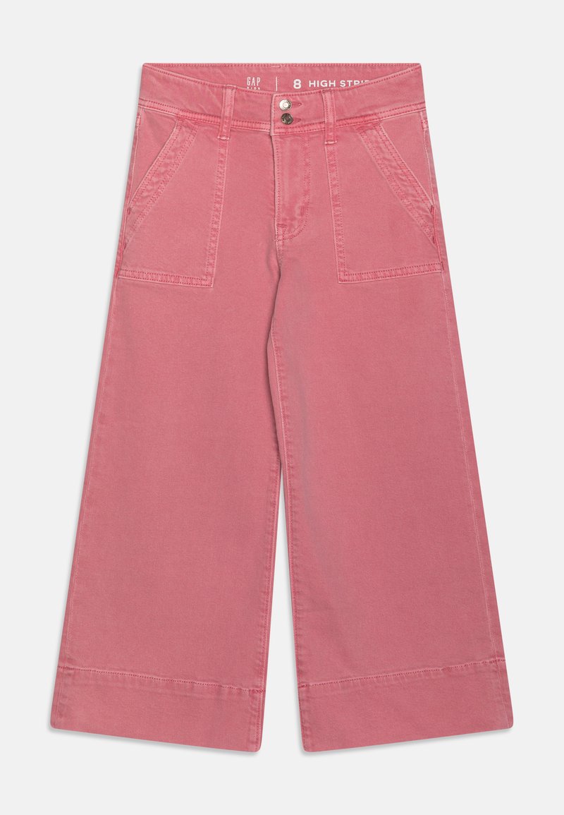 Calças largas rosa com cintura alta, apresentando dois bolsos frontais e um fecho de botão metálico. Tecido de algodão suave, ajuste casual.