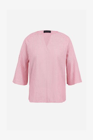 Világos rózsaszín csíkozott blúz V-nyakkivágással és harangujjakkal. Könnyű anyagból készült, vékony fehér függőleges csíkokkal.