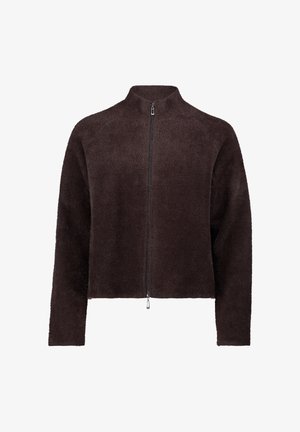 Giacca in pile marrone con zip e colletto alto, maniche lunghe, caratterizzata da una finitura morbida e testurizzata e un design dritto.