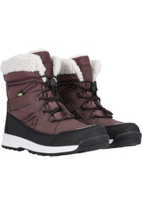 Braune wasserdichte Winterstiefel mit Kunstfellerand, Schnürdesign, schwarzer Gummisohle und strukturierten Stoffakzenten für besseren Grip.