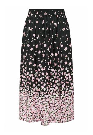 Czarna spódnica midi z elastycznym stanem, ozdobiona rozproszonymi małymi różowymi i białymi wzorami kwiatowymi, gęstszymi bliżej dołu.