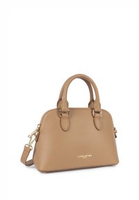 Borsa in pelle marrone con finitura effetto granuli, dotata di due manici superiori, tracolla rimovibile, dettagli in metallo dorato e logo in rilievo sul fronte.