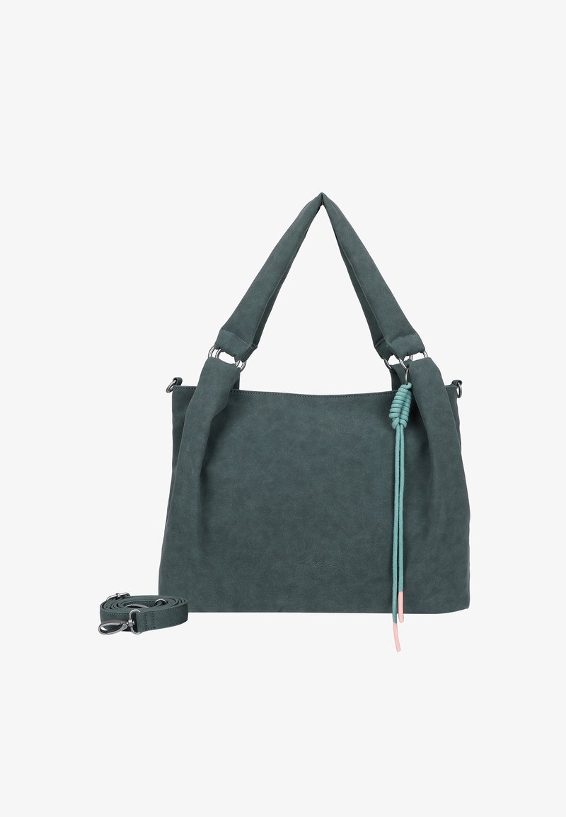 Groene faux leren handtas met een slank rechthoekig ontwerp, voorzien van twee stoffen handvatten en een afneembare schouderband; versierd met een geknoopte accent.