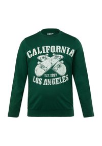 Groene sweatshirt met lange mouwen, voorzien van een grafische print van skateboards met de tekst "CALIFORNIA LOS ANGELES EST. 1997" in het wit.