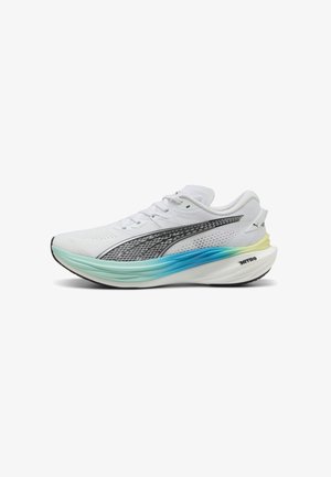 White athletic shoe with mesh upper, black accents, and a gradient teal-to-yellow sole. Features lightweight design and lacing system.