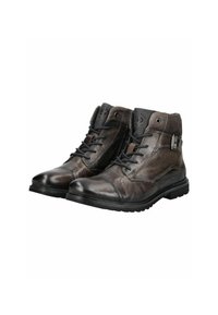 Bottines en cuir marron avec un bout rond, conception à lacets, détail de boucle en métal et tige texturée ; couture renforcée et semelle en caoutchouc.