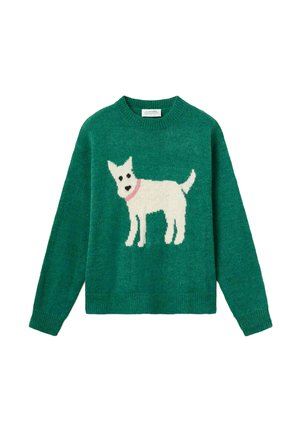 Suéter verde de punto con un diseño de un perro blanco que lleva un collar rosa en la parte delantera, con un cuello redondo y mangas largas.