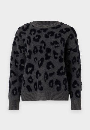 Gray sweater in soft fabric featuring a black leopard print, round neckline, and ribbed cuffs and hem. Textured patches add dimension.