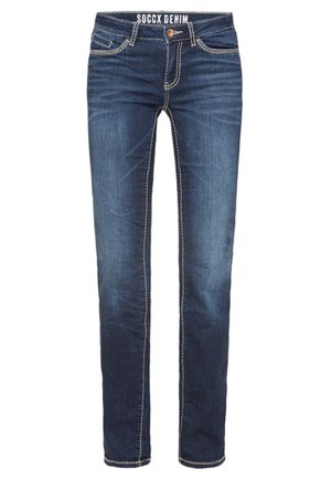 Jeans de mezclilla azul oscuro con corte recto, con costuras en contraste y un diseño estándar de cinco bolsillos. Logotipo de la marca visible en la cinturilla.