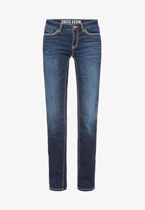 Jeans de mezclilla azul oscuro con corte recto, con costuras en contraste y un diseño estándar de cinco bolsillos. Logotipo de la marca visible en la cinturilla.