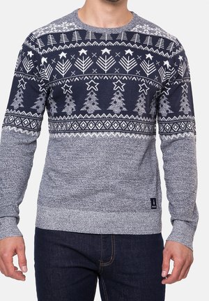 Man wearing gray and navy blue sweater with Christmas tree, star, and geometric patterns, paired with dark blue jeans.