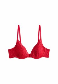 Red lace bra with triangular cups, thin straps, and a solid band. Features floral lace pattern and a soft texture. No underwire.