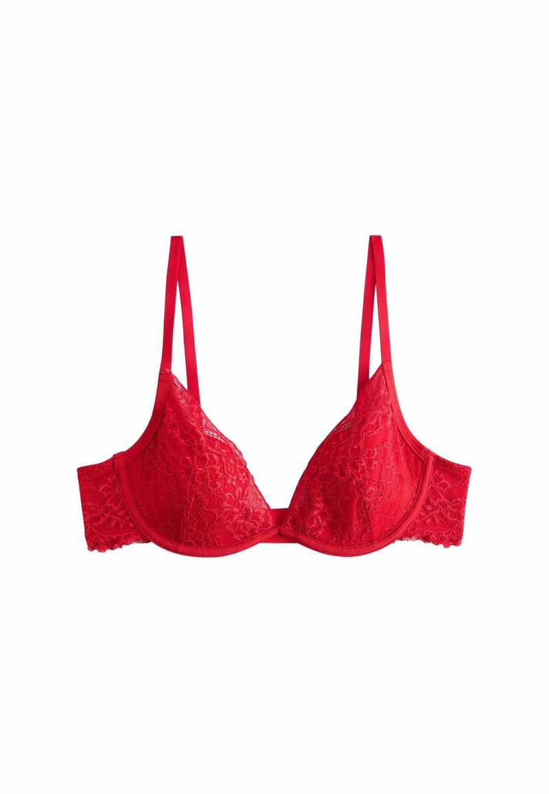 Red lace bra with triangular cups, thin straps, and a solid band. Features floral lace pattern and a soft texture. No underwire.