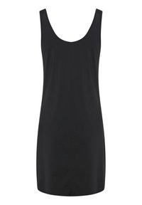 Schwarzes ärmelloses Kleid mit Rundhalsausschnitt, glatter Textur und entspannter Passform. Knielanges Design ohne sichtbare Hardware oder Muster.