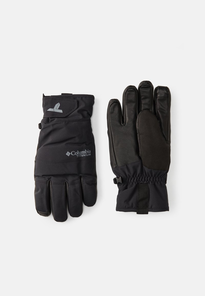Gants noirs en tissu et cuir, avec un design rembourré, un poignet élastique, des accents de logo et un ajustement serré pour la chaleur.