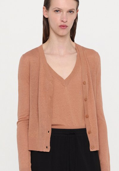 Cardigan tricotat de un marron deschis, cu margini ondulate și cinci butoane, purtat peste un top asortat cu decolteu în V. Modelul l-a asortat cu pantaloni negri.
