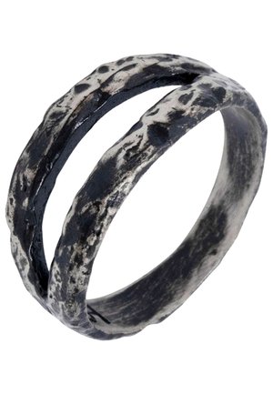 Metal ring with a textured, dark finish and smooth accents, featuring a split design with two intertwined bands.