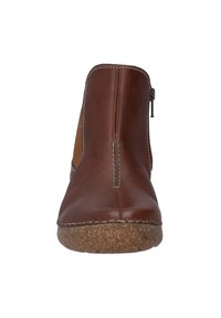 Braune Leder-Ankle-Boots mit seitlichem Reißverschluss, genähten Details und einer strukturierten Korksohle. Glatte Oberfläche mit runder Zehenpartie.