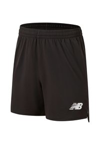 Kevyet mustat urheilushortsit, joissa on joustava vyötärönauha ja valkoinen New Balancen logo vasemmassa alakulmassa.