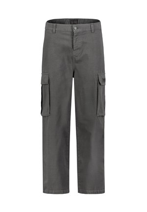Dunkelgraue Cargohose mit vorderer Knopfleiste und großen Klappentaschen an beiden Oberschenkeln, gerader Beinverlauf.