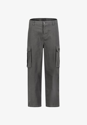 Dunkelgraue Cargohose mit vorderer Knopfleiste und großen Klappentaschen an beiden Oberschenkeln, gerader Beinverlauf.