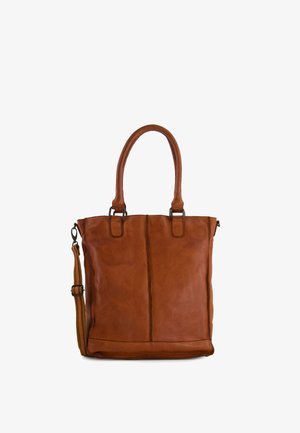 Sac cabas en cuir marron avec doubles poignées et une bandoulière réglable, détail de couture verticale à l'avant.