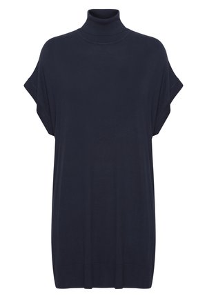 Marineblauwe coltrui met korte mouwen, voorzien van een ontspannen pasvorm en een soepele textuur. De stof lijkt lichtgewicht en zacht te zijn.