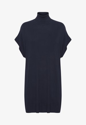 Marineblauwe coltrui met korte mouwen, voorzien van een ontspannen pasvorm en een soepele textuur. De stof lijkt lichtgewicht en zacht te zijn.