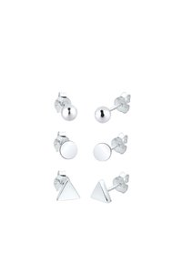 Ensemble de six boucles d'oreilles en argent, avec des designs sphériques, circulaires et triangulaires en métal poli, accompagnées de fermoirs papillon.