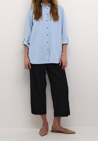 Camicia azzurro chiaro con bottoni, maniche arrotolate, abbinata a pantaloni neri a gamba larga e scarpe flat color nude. Tessuto morbido, vestibilità rilassata.
