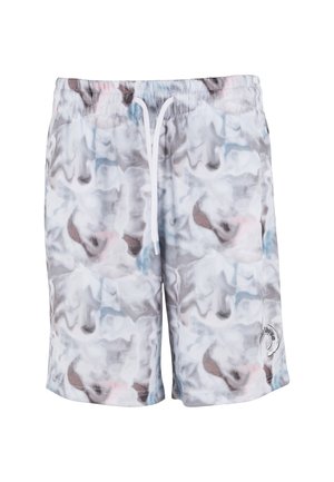 Badeshorts aus leichtem Stoff mit einem fließenden abstrakten Muster in Grau, Weiß und Andeutungen von Pink, ausgestattet mit einem elastischen Bund und Kordelzug.