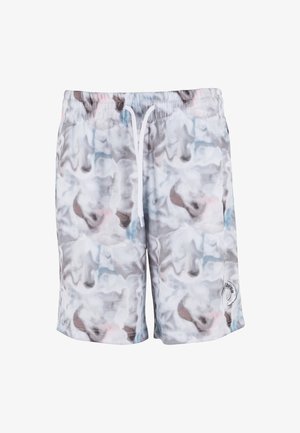 Badeshorts lavet af letvægtsstof med et flydende abstrakt mønster i grå, hvid og strejf af lyserød, med elastisk taljebånd og snøre.