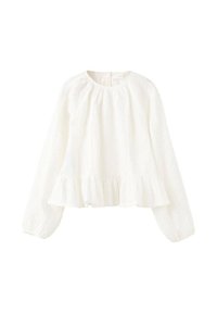 Bílá halenka s dlouhým rukávem, volánkovým lemem a elastickými manžetami. Vyrobená z lehké látky s jemnou texturou a volným střihem.