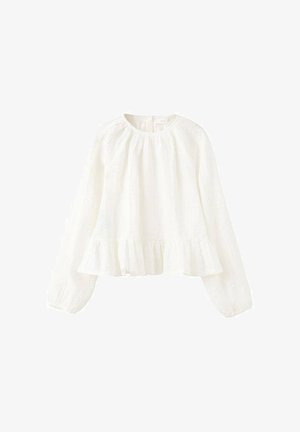 Blouse blanche à manches longues avec ourlet volanté et poignets élastiques. Fabriquée en tissu léger présentant une texture subtile et une coupe ample.