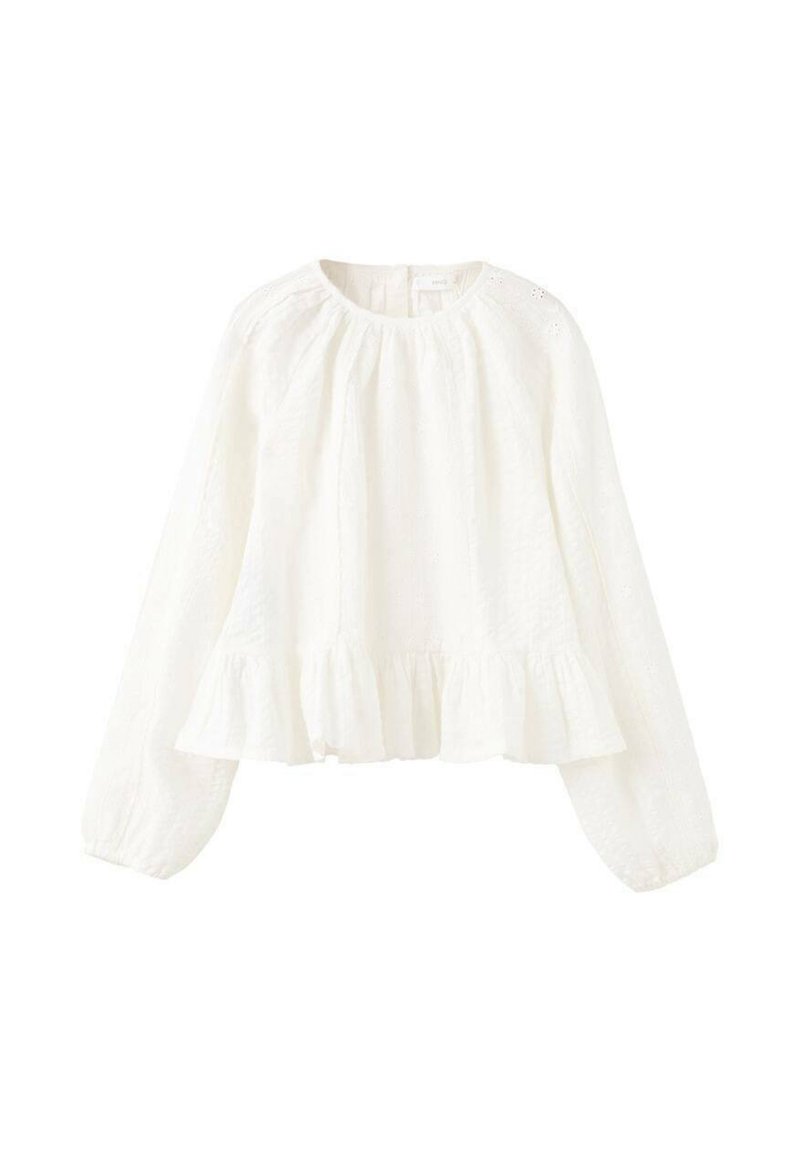 Bílá halenka s dlouhým rukávem, volánkovým lemem a elastickými manžetami. Vyrobená z lehké látky s jemnou texturou a volným střihem.