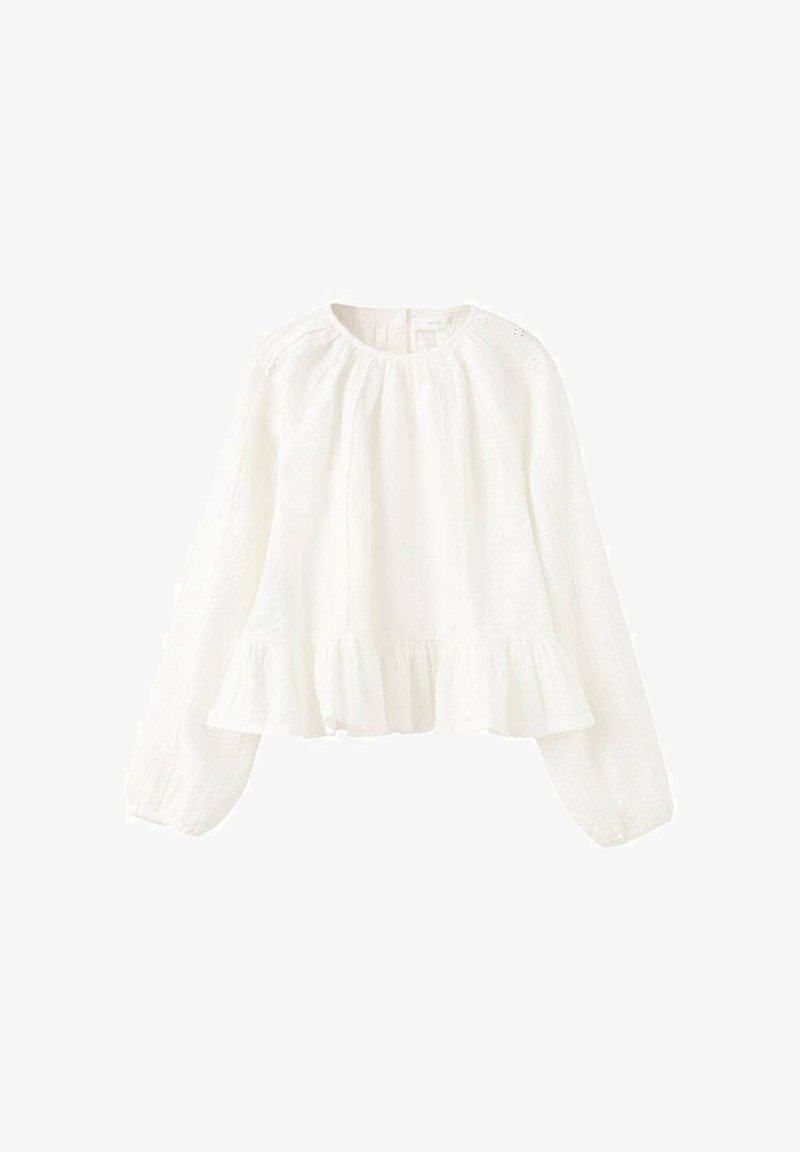 Bílá halenka s dlouhým rukávem, volánkovým lemem a elastickými manžetami. Vyrobená z lehké látky s jemnou texturou a volným střihem.