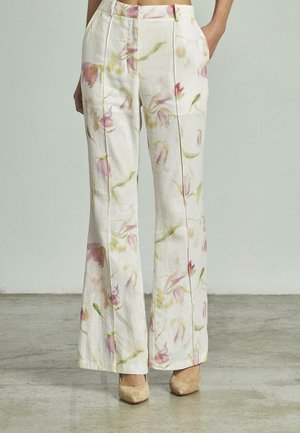 Pantalones de pierna ancha con estampado floral en tejido de lino ligero, con un patrón de tulipanes rosas, dos bolsillos frontales y un diseño de cintura alta.