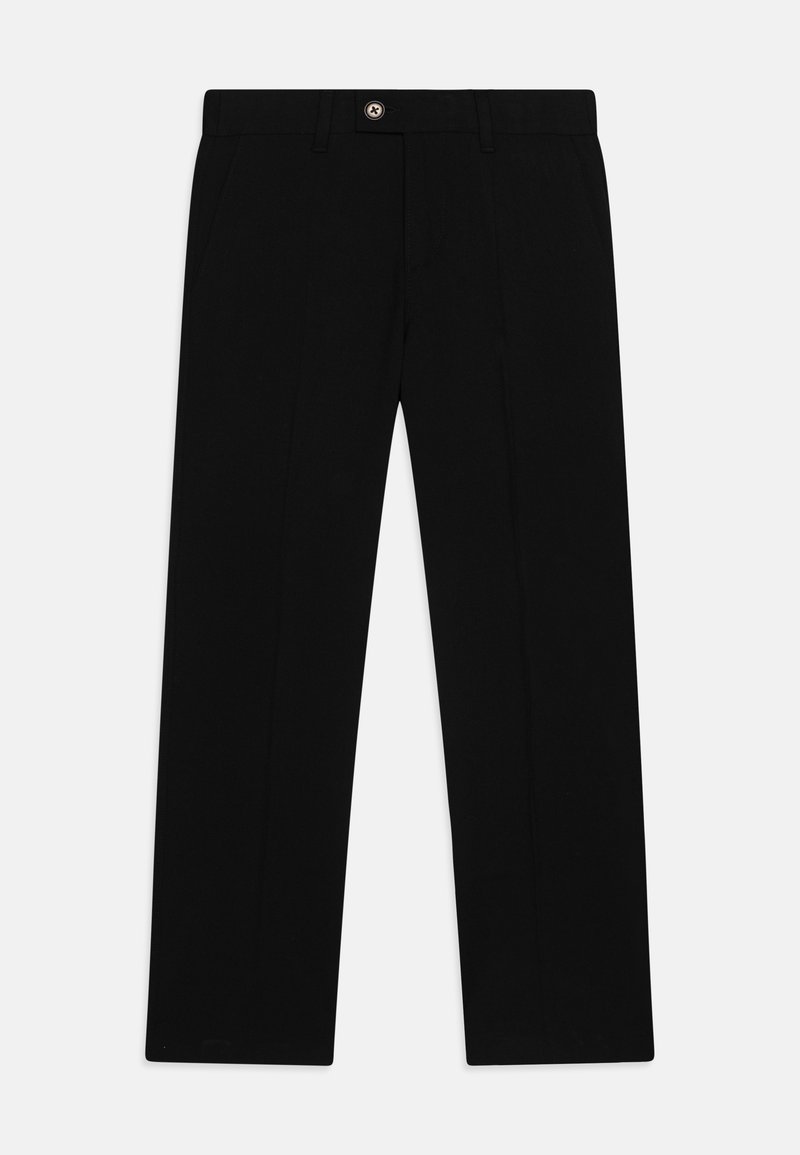 Pantaloni negri cu un design drept, confecționați dintr-un material moale, având închidere cu buton frontal și două buzunare laterale.