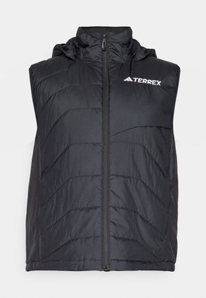 Chaleco aislante negro con capucha, que cuenta con un cierre frontal y un patrón de costura vertical. Logo "TERREX" mostrado en la parte superior izquierda.