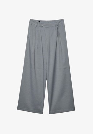 Graue Hosen mit weitem Bein und einem dezenten Nadelstreifenmuster, ausgestattet mit Gürtelschlaufen, vorderen Bundfalten, einem Knopf- und Reißverschluss.