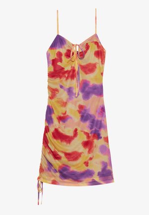 Sukienka na ramiączkach z regulowanymi paskami, z detalem w postaci wiązania z przodu, w wielokolorowy abstrakcyjny wzór w odcieniach czerwieni, fioletu i żółci.