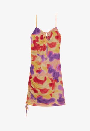 Sukienka na ramiączkach z regulowanymi paskami, z detalem w postaci wiązania z przodu, w wielokolorowy abstrakcyjny wzór w odcieniach czerwieni, fioletu i żółci.