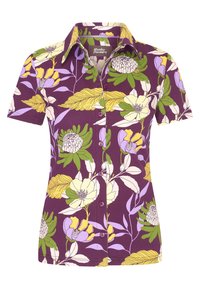 Camicia a maniche corte in tessuto viola con un motivo floreale nei toni giallo, bianco, verde e viola. Chiusura con bottoni e design con colletto.