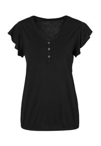 Zwart t-shirt met korte mouwen en een V-hals, voorzien van een knopenrij aan de voorkant en gerimpelde mouwaccenten. Zachte textuur van de stof.